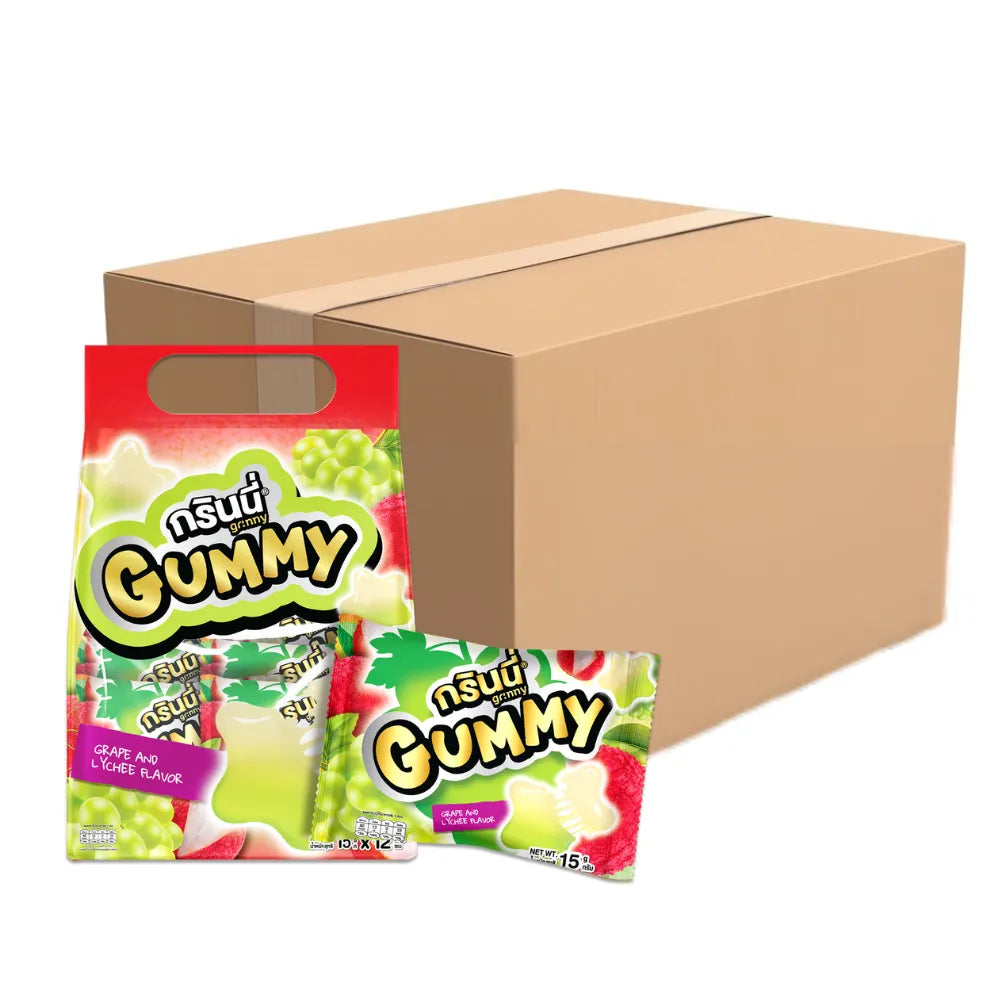 GRINNY Pectin Gummy Stars in grape and lychee flavors, 15g packs, colorful gummy candies in a clear snack bag.