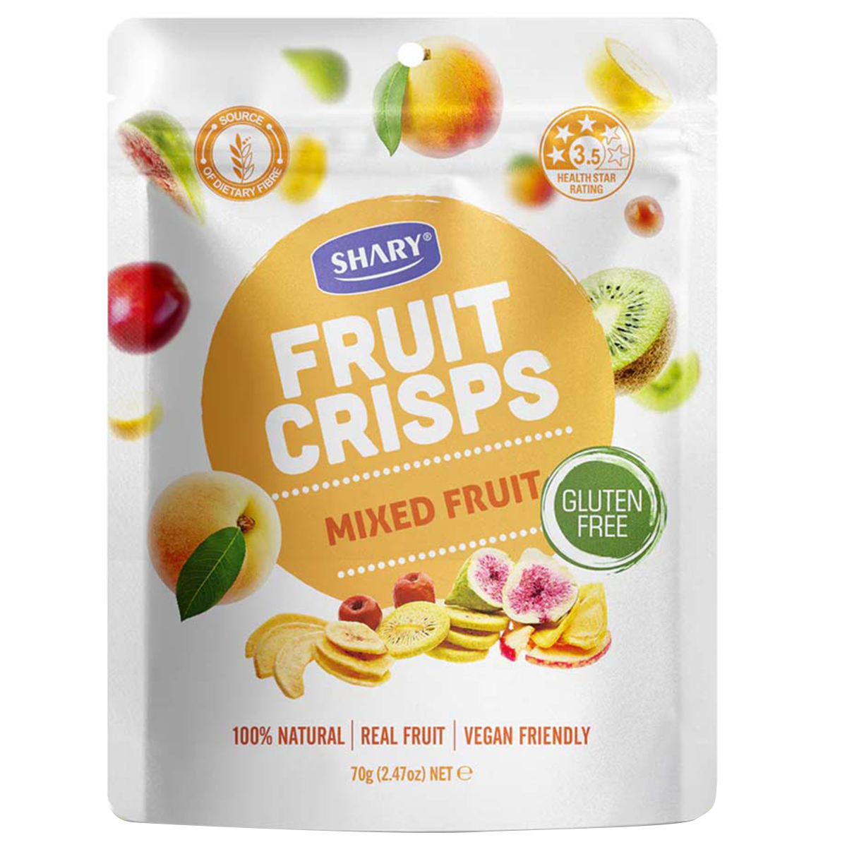 Shary Crisps Mixed Fruit confectionery snacks with colorful fruit-flavored crisps in a clear bag.
