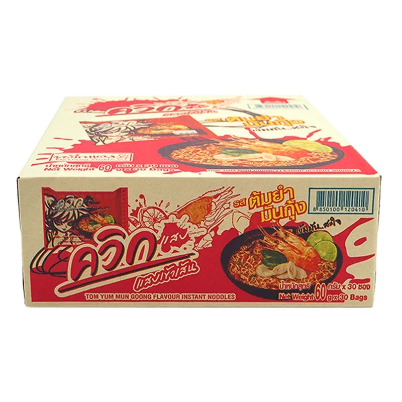 Quick instant Tom Yum Mun Kung dry noodles pack, 60g x30, featuring spicy Thai seafood flavor in a convenient dry grocery product.