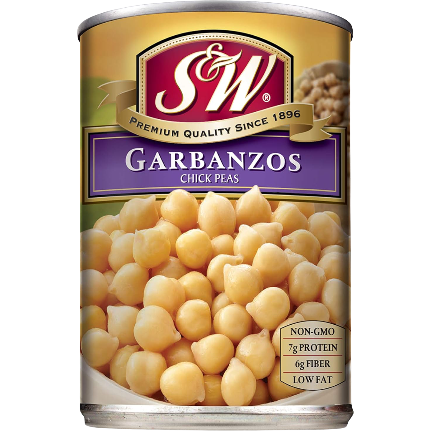Canned S&W Garbanzo Beans in a metal can with label, ready for cooking or adding to salads and Mediterranean dishes.