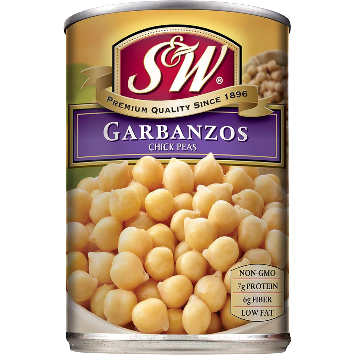 Canned S&W Garbanzo Beans in a metal can with label, ready for cooking or adding to salads and Mediterranean dishes.