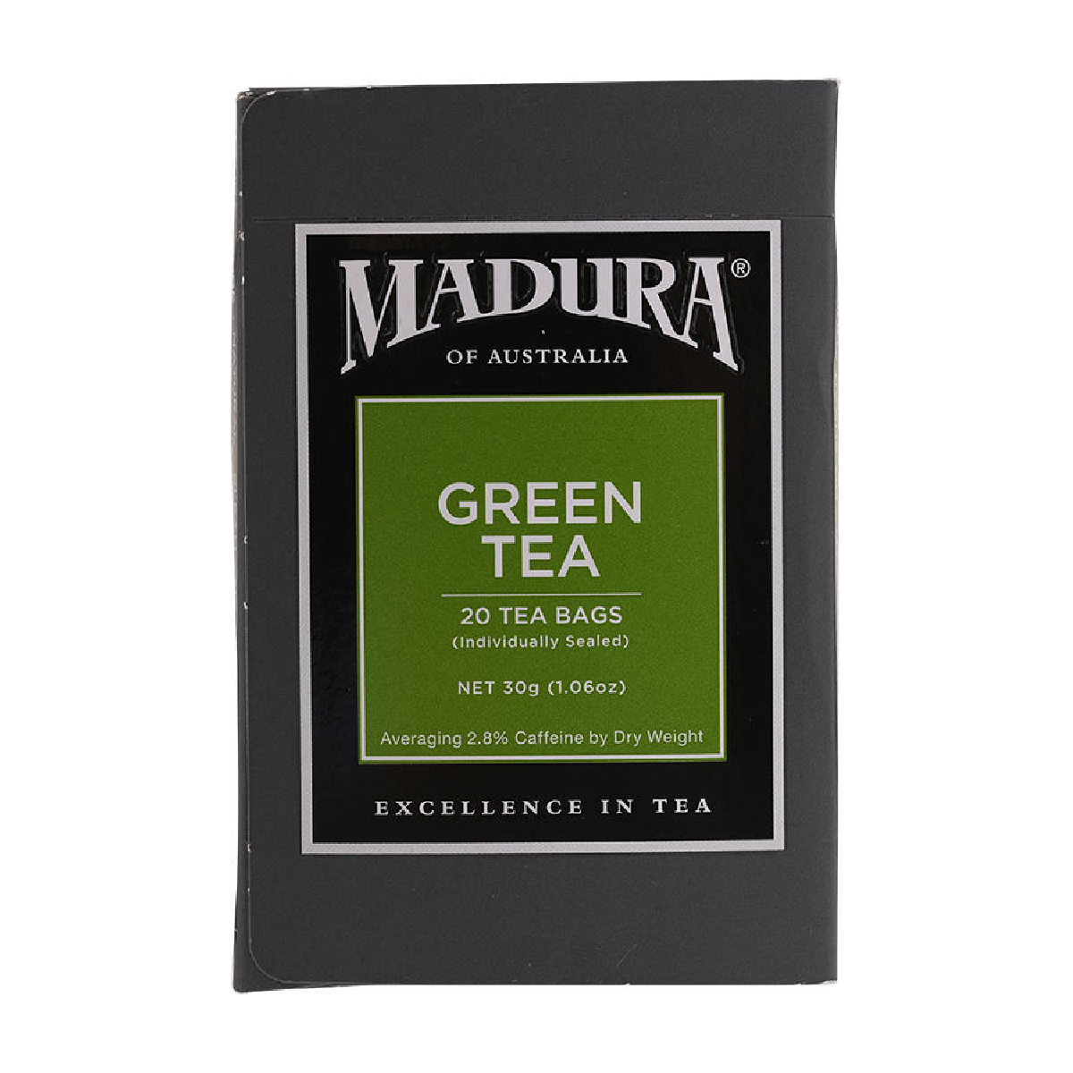 Madura green tea tea bags for brewing, featuring vibrant green tea leaves in a clear package.