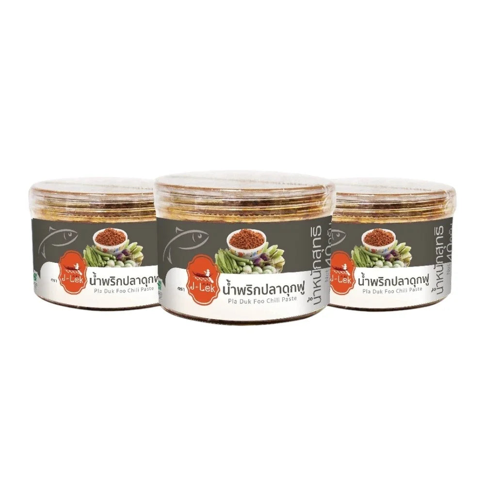 J-lek Jae Lek Fluffy Catfish Chili Paste in 40g plastic jar, dry grocery product with vibrant chili paste visible inside