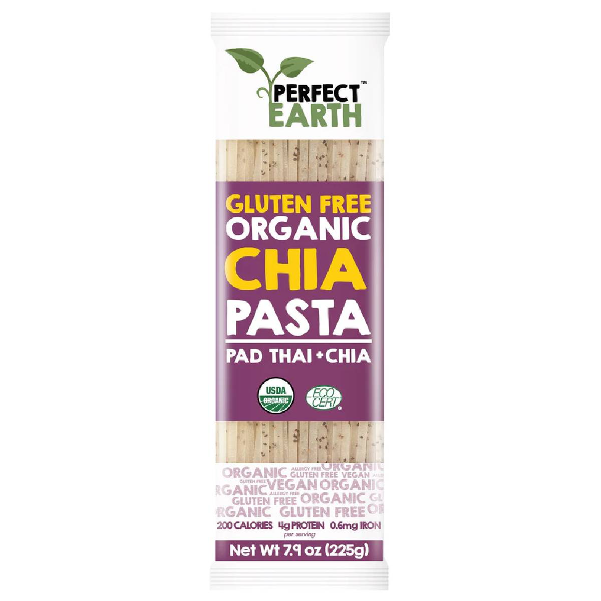Gluten-free organic Perfect Earth Pad Thai Chia pasta in a bowl with vegetables and herbs, ready for cooking.