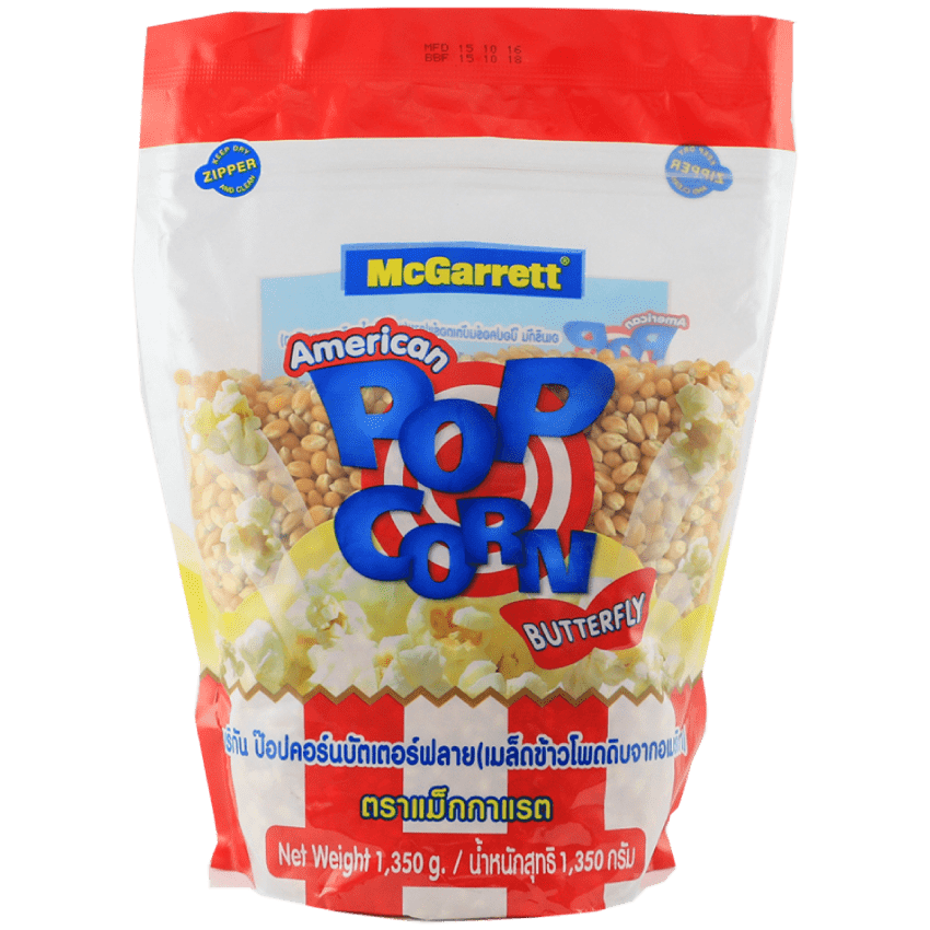 McGarrett Popcorn Seed confectionery snack in a clear bag showing golden popcorn kernels and branding.