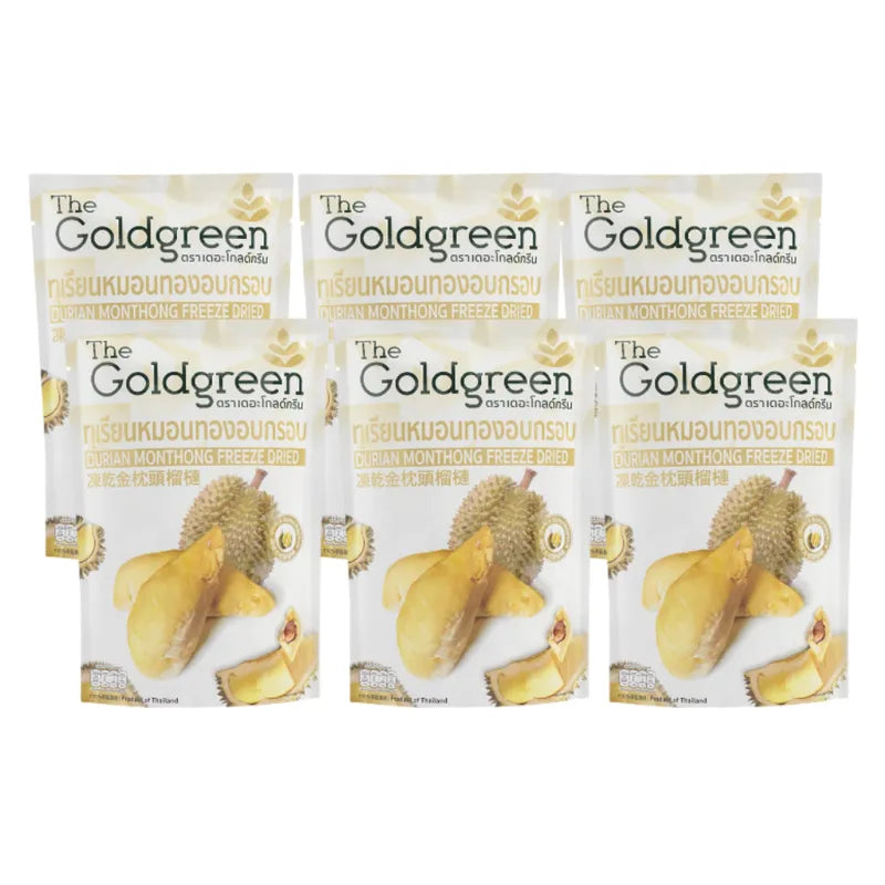 Golden-green crispy freeze-dried Monthong durian slices from THE GOLDGREEN in a 15g package, showcasing dried durian pieces.
