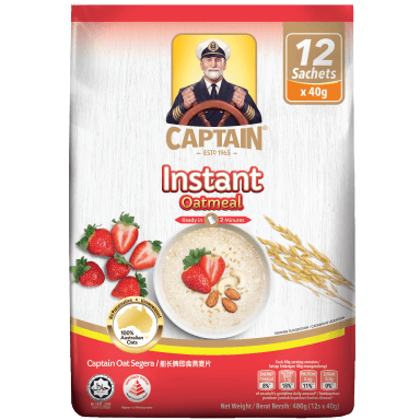 Captain Oats Instant Oatmeal in a bowl with spoon, showcasing the ready-to-eat breakfast with oats and toppings.