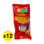 YUPI Yupi Gummy Fries snack pack with 12 individual 15g portions, colorful gummy candy shaped like fries for snack enjoyment.