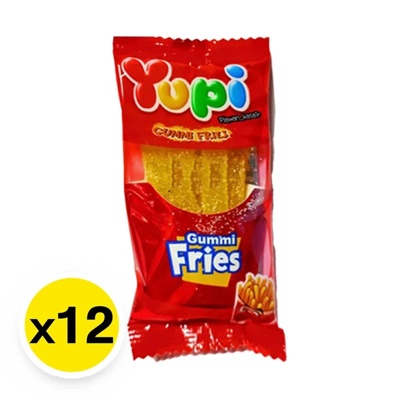 YUPI Yupi Gummy Fries snack pack with 12 individual 15g portions, colorful gummy candy shaped like fries for snack enjoyment.