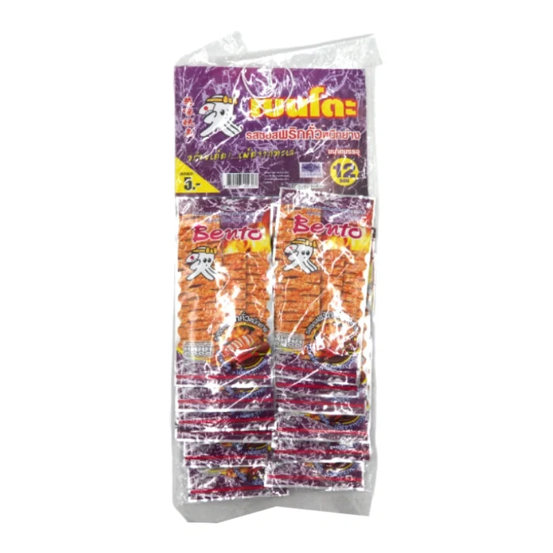 BENTO Bento Squid Seafood Snack Spicy Grilled, dry grocery snack, 4g per pack, shown in a colorful package with grilled squid pieces