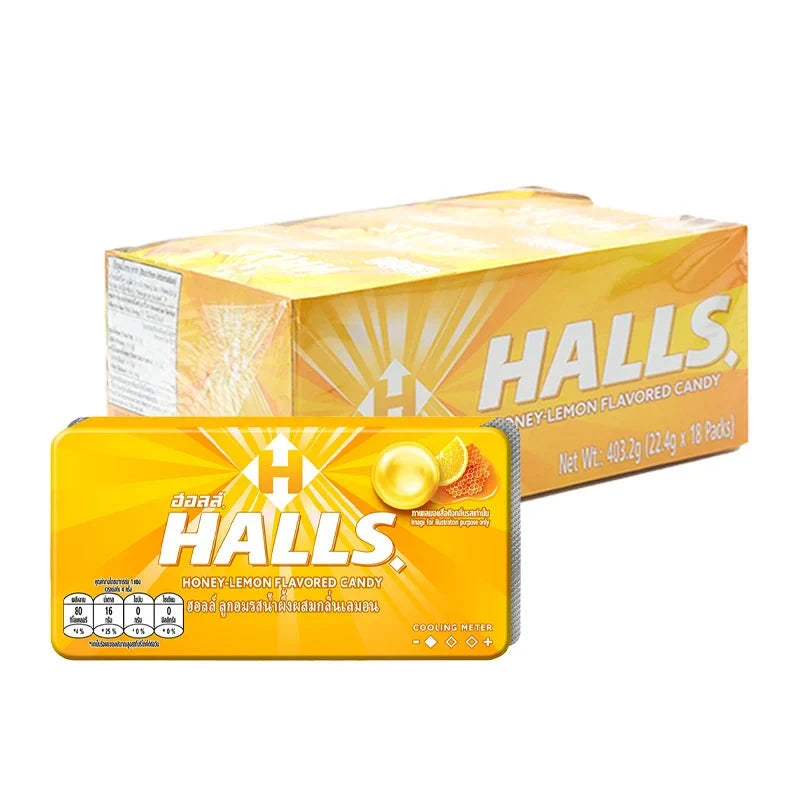 Halls Soother Lemon lozenges in a clear plastic blister pack with 18 tablets, soft lemon-flavored candy for soothing throat.
