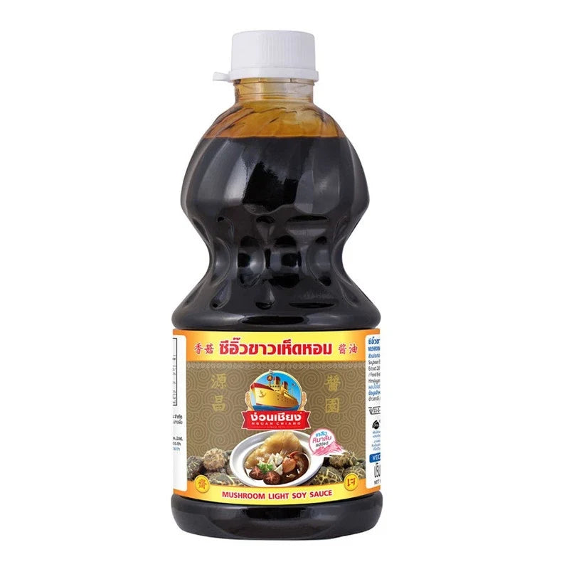 Nguan Chiang Mushroom Light Soy Sauce 1950ml bottle, dry grocery product with dark soy sauce and mushroom flavor in clear plastic bottle
