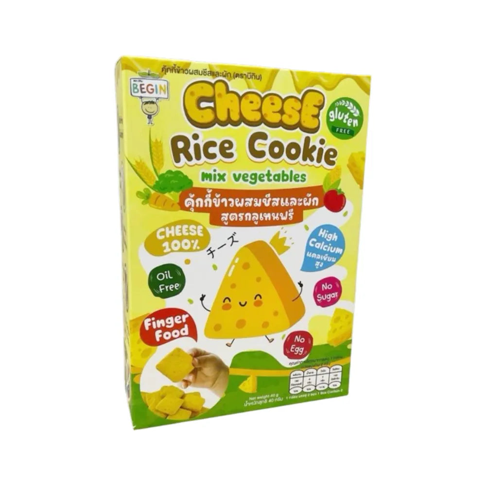 Begin Baby rice cookies with cheese, liver, and salmon; gluten-free snacks for babies in a colorful packaging.