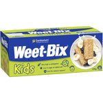 Sanitarium Weet Bix Kids breakfast cereal in a box with a colorful label, featuring healthy whole grain wheat biscuits for kids.