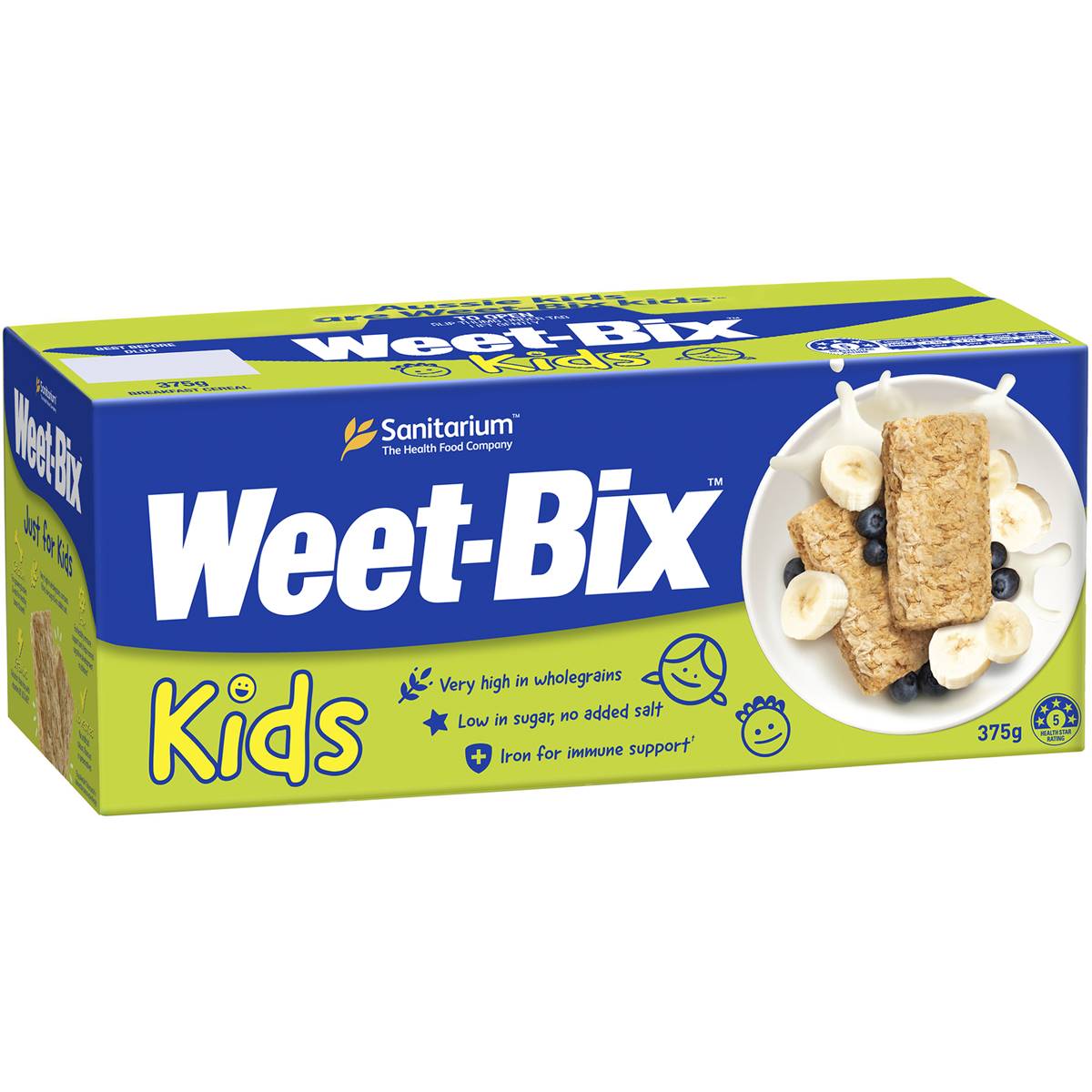 Sanitarium Weet Bix Kids breakfast cereal in a box with a colorful label, featuring healthy whole grain wheat biscuits for kids.