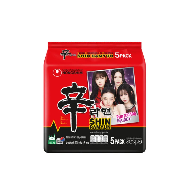 Nongshim Shin Ramyun instant noodles in a dry grocery package with spicy flavor and vibrant red packaging.