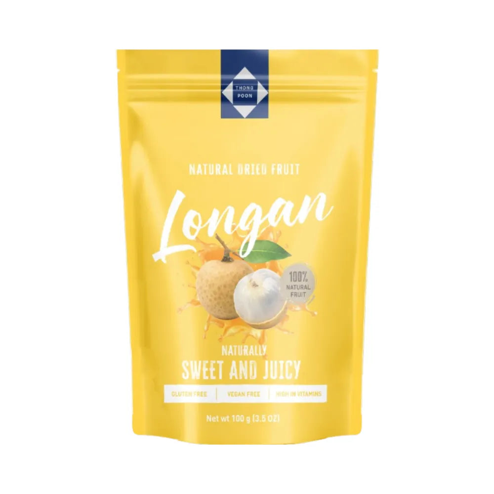 Thong Poon dried longan in a 100g package, showcasing the dried fruit with a light brown color and slightly wrinkled texture.
