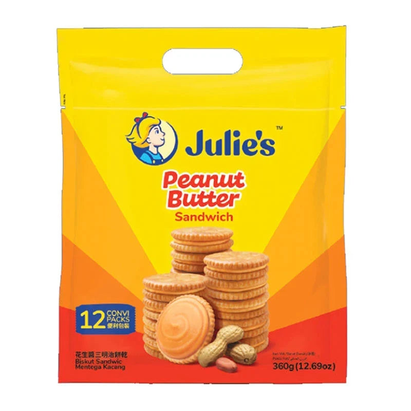 Julie's Peanut Butter 360g jar, a creamy dry grocery snack, shown in a close-up view with label visible.