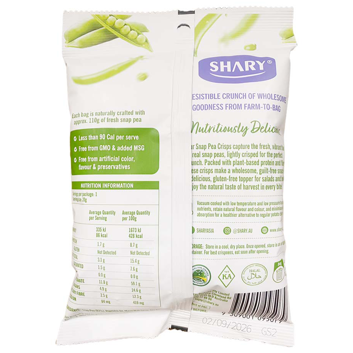 Shary Crisps Snap Pea confectionery snack in colorful packaging, showcasing vibrant pea-shaped candies.