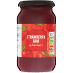 Sainsbury's strawberry jam jar with red fruit spread and label showing fresh strawberries and brand logo.