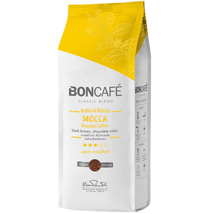 A glass of Boncafe Mocca coffee served with a frothy top and chocolate drizzle, showcasing the rich, creamy drink.