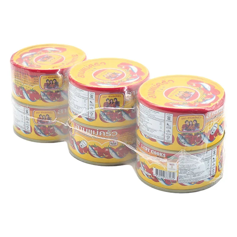 Three Lady Cooks Mackerel in Tomato Sauce 190g can, displayed in a six-pack, ready for cooking or serving.