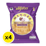 Manora Fried Chips Taro snack in 65g packages, crispy taro-flavored confectionery, four-pack served in colorful packaging.