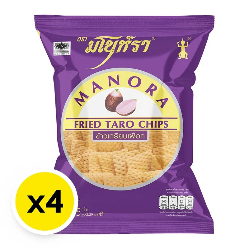 Manora Fried Chips Taro snack in 65g packages, crispy taro-flavored confectionery, four-pack served in colorful packaging.