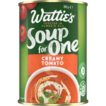 Wattie's Creamy Tomato Soup in a single-serving can, showcasing the labeled product with a vibrant tomato soup image.