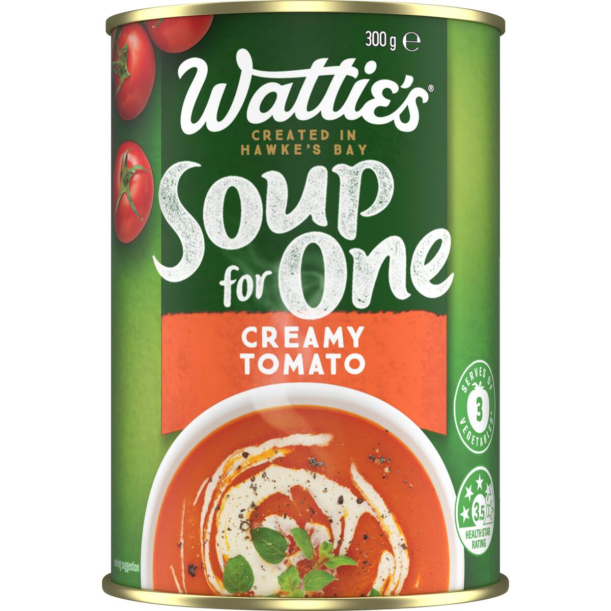 Wattie's Creamy Tomato Soup in a single-serving can, showcasing the labeled product with a vibrant tomato soup image.