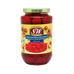 S&W Maraschino red cherries with stems in syrup, packaged for dry grocery use, shown in a jar or container.