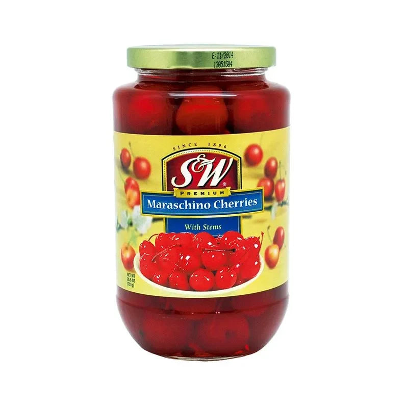 S&W Maraschino red cherries with stems in syrup, packaged for dry grocery use, shown in a jar or container.