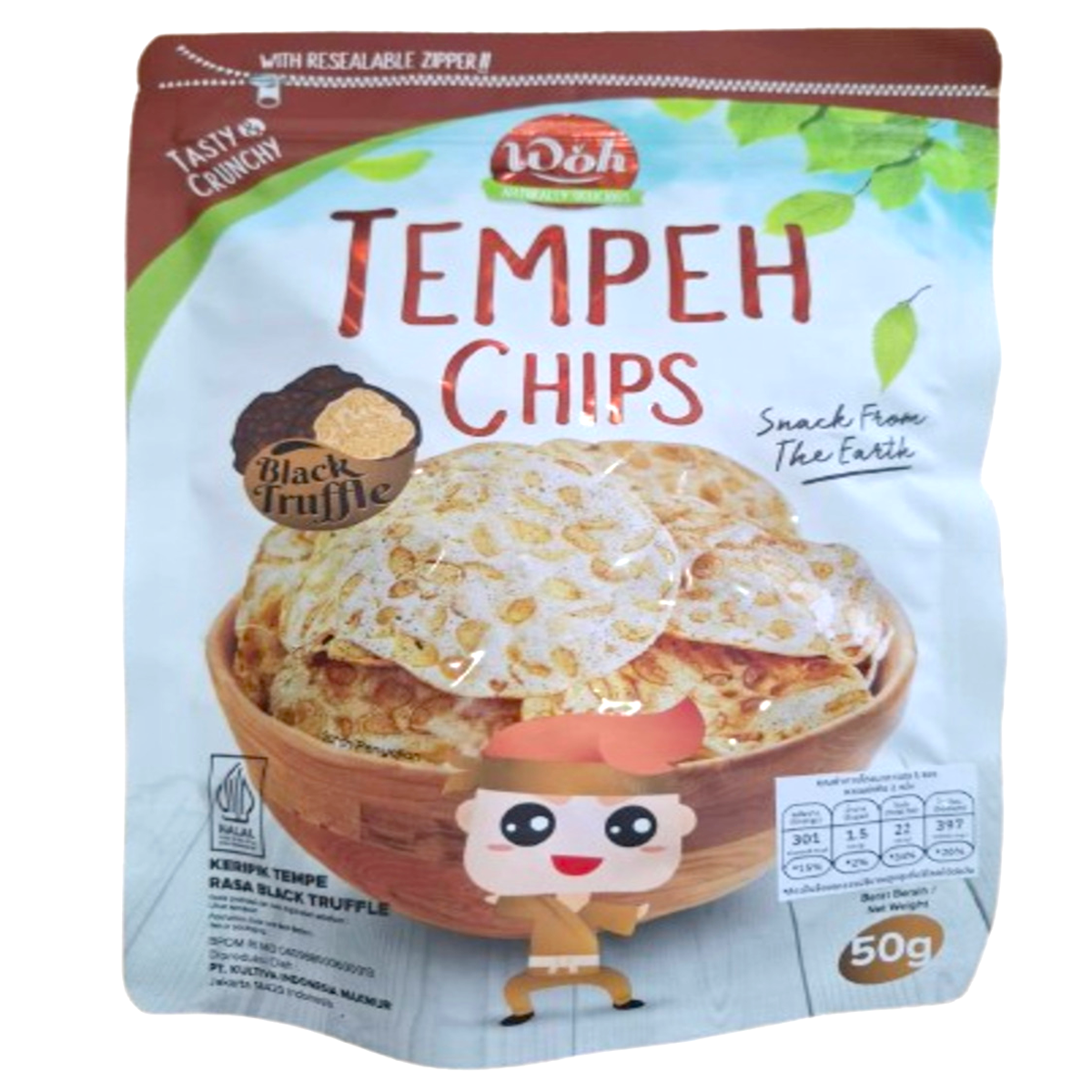 Woh Tempeh Chips Black Truffle, savory black truffle-flavored snack with crispy tempeh chips, natural and delicious confectionery snack
