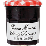 Jar of Bonne Maman Cherry Preserves with a label, showcasing bright red cherries and classic packaging.