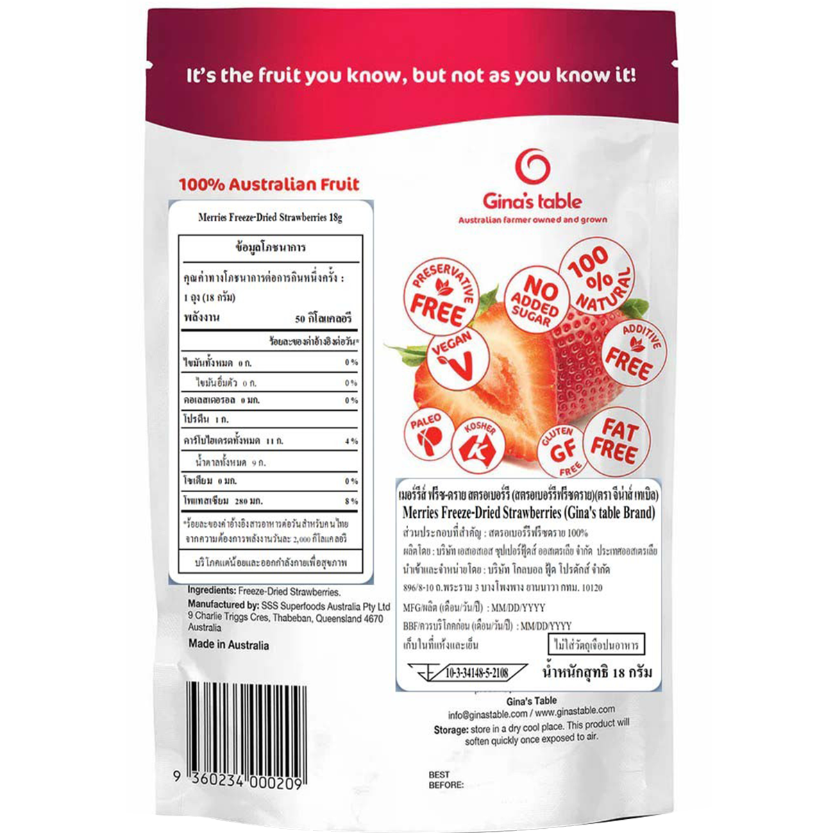 Gina's Table Merries Freeze-Dried Strawberries in a clear package, showing vibrant red dried strawberries as a confectionery snack.