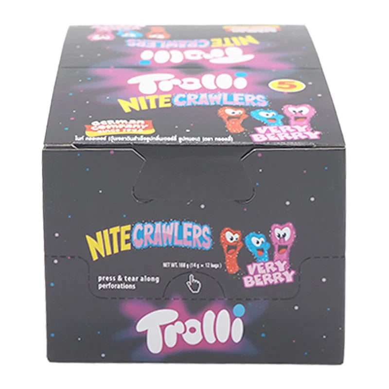 Trolli Gummy Nitecrawlers in 14g pack, colorful gummy candy worms from TROLLI for snacking or confectionery treats
