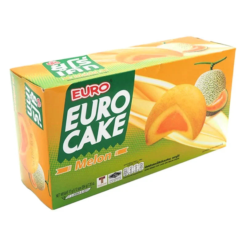 Euro brand melon-flavored cake snack, 17g individual pack, part of a 12-pack, in a colorful snack packaging.