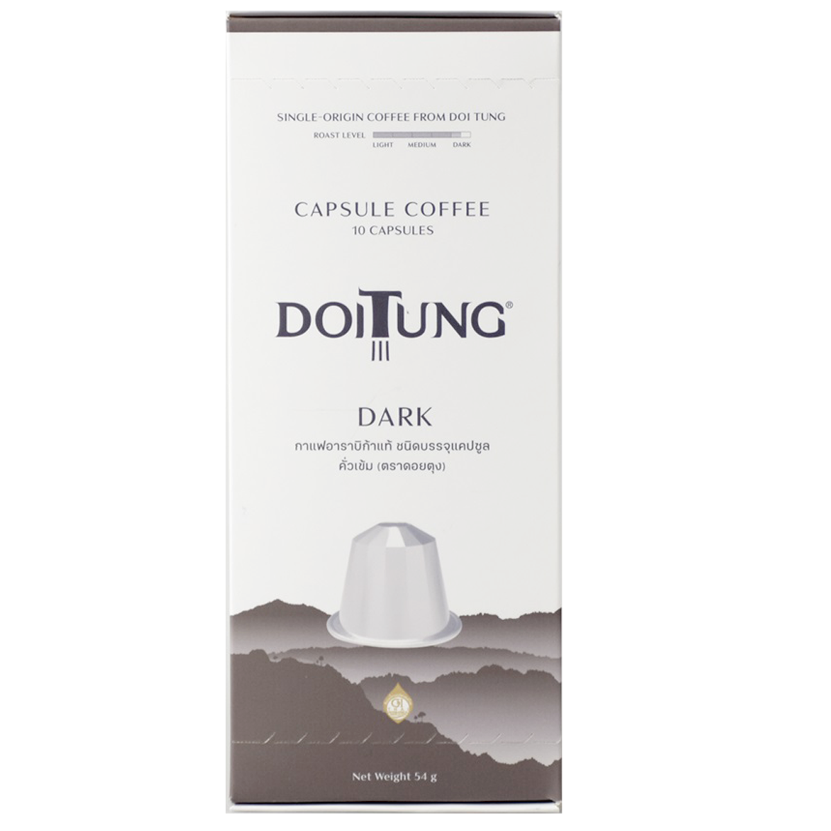 Doi Tung Doitung dark roasted coffee capsules for brewing, showing a row of coffee capsules on a white background.