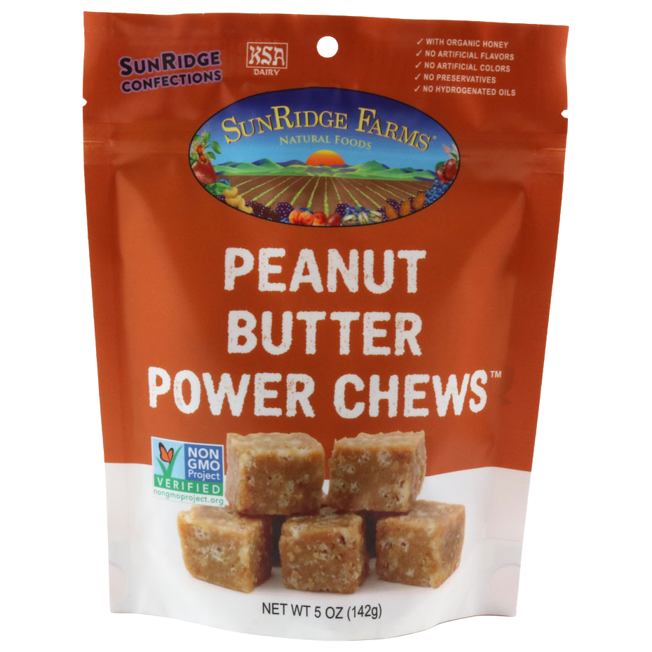 Sunridge Farms Peanut Butter Power Chews in a clear package, showcasing chewy confectionery snacks with peanut butter flavor.