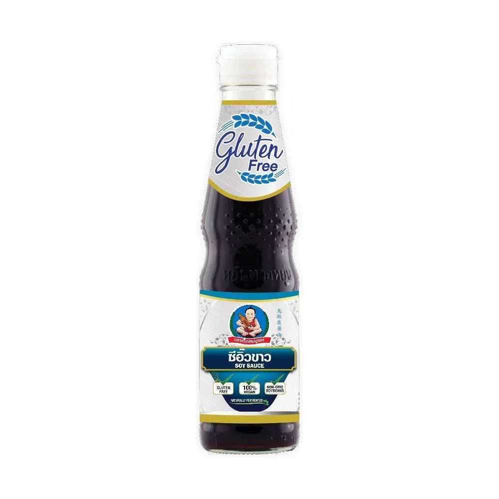 Deksomboon Thin Soy Sauce gluten-free in a 300ml bottle, ideal for dry grocery use, featuring a clear label and dark soy color.
