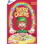 Colorful bowl of General Mills Lucky Charms cereal with marshmallows and milk, ready to eat, showcasing the vibrant breakfast product.