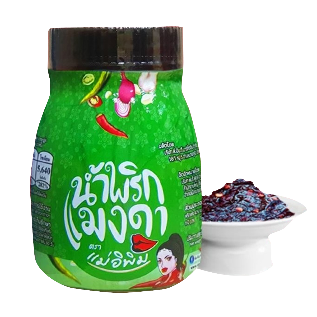 Mea E Pim Nam Prik Mangda grocery product, featuring a jar of traditional Thai chili paste with red chili peppers and herbs.