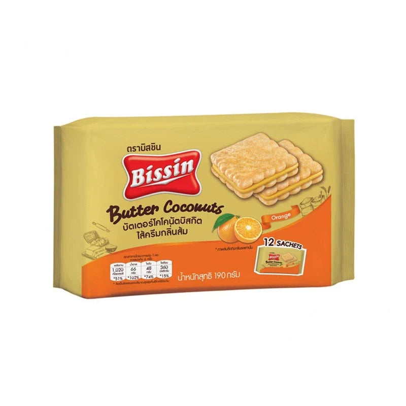 Bissin Butter Coconut filled with orange cream in 190g package, featuring the snack's coconut and orange filling visually displayed