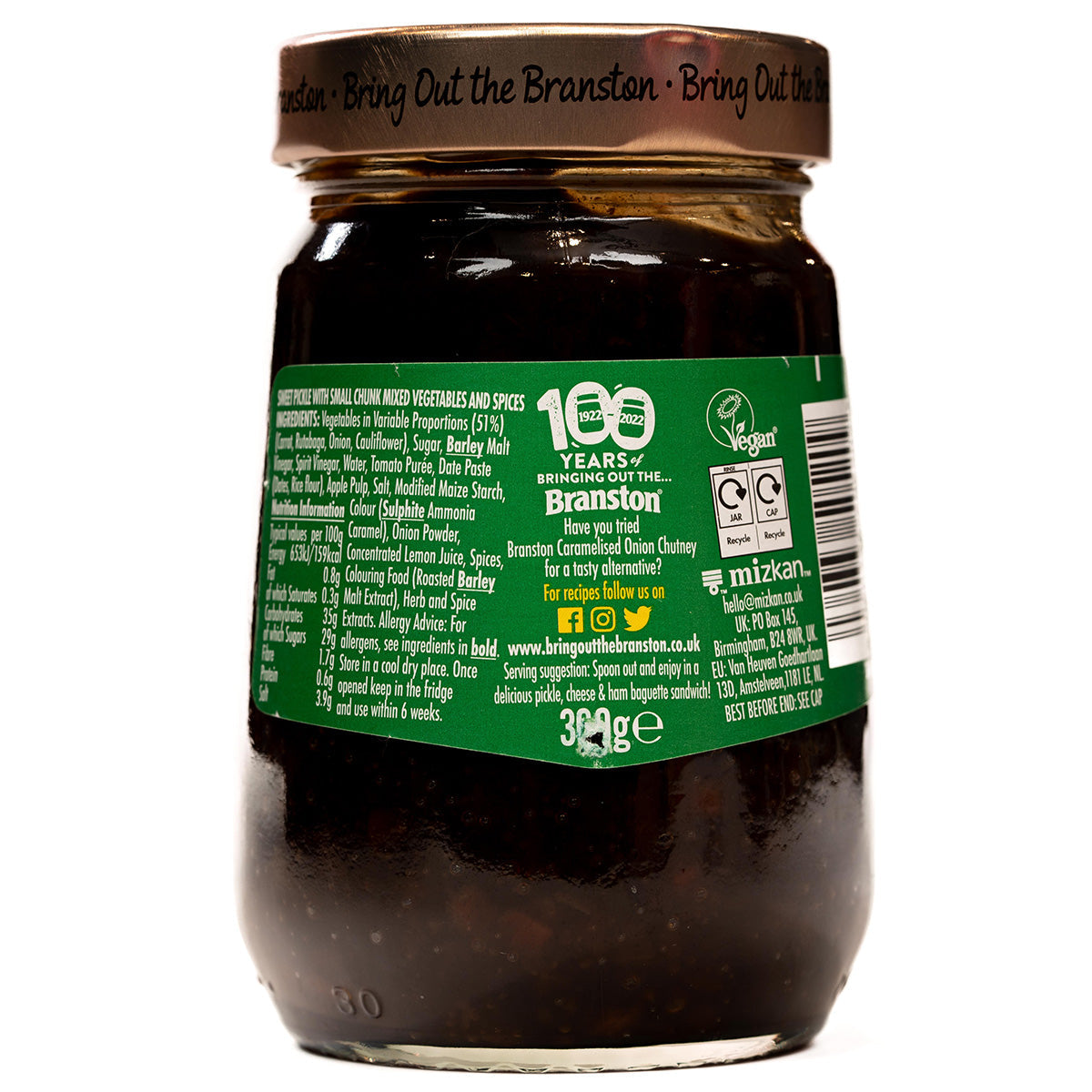 Small chunk Branston Pickles jar with visible chunks of pickled vegetables in a clear glass jar.