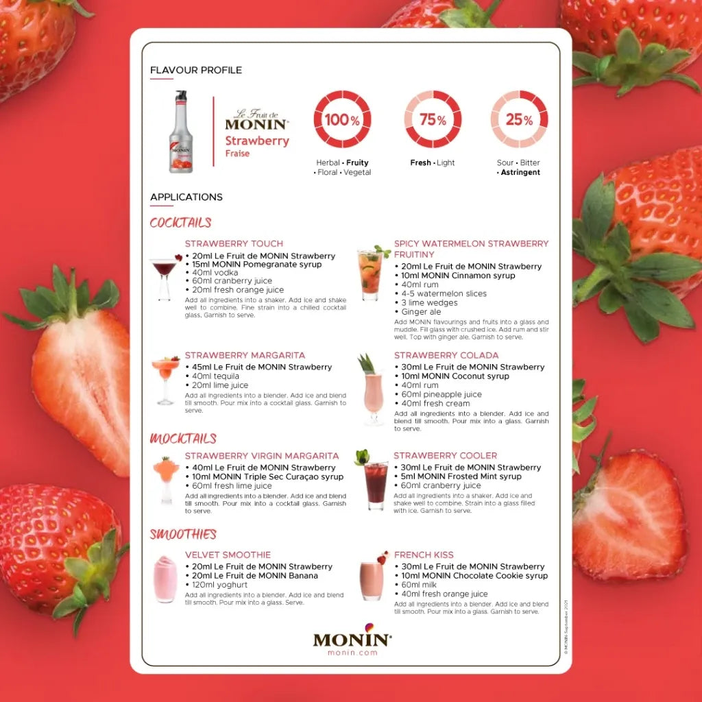 Bottle of Monin Strawberry Fruitmix syrup in 1000ml bottle, ideal for adding strawberry flavor to beverages and desserts.