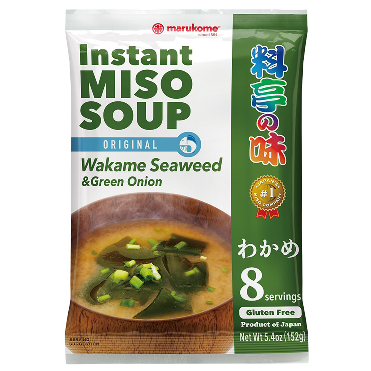 Marukome Instant Miso Soup with Wakame Seaweed in a bowl, showcasing the savory miso broth and fresh seaweed pieces.