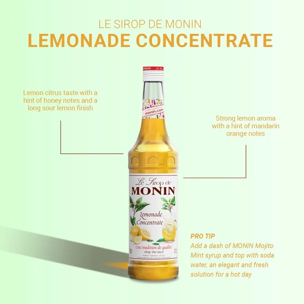 Bottle of MONIN Lemonade Concentrate Syrup 700ml for making flavorful lemon drinks in dry grocery product.