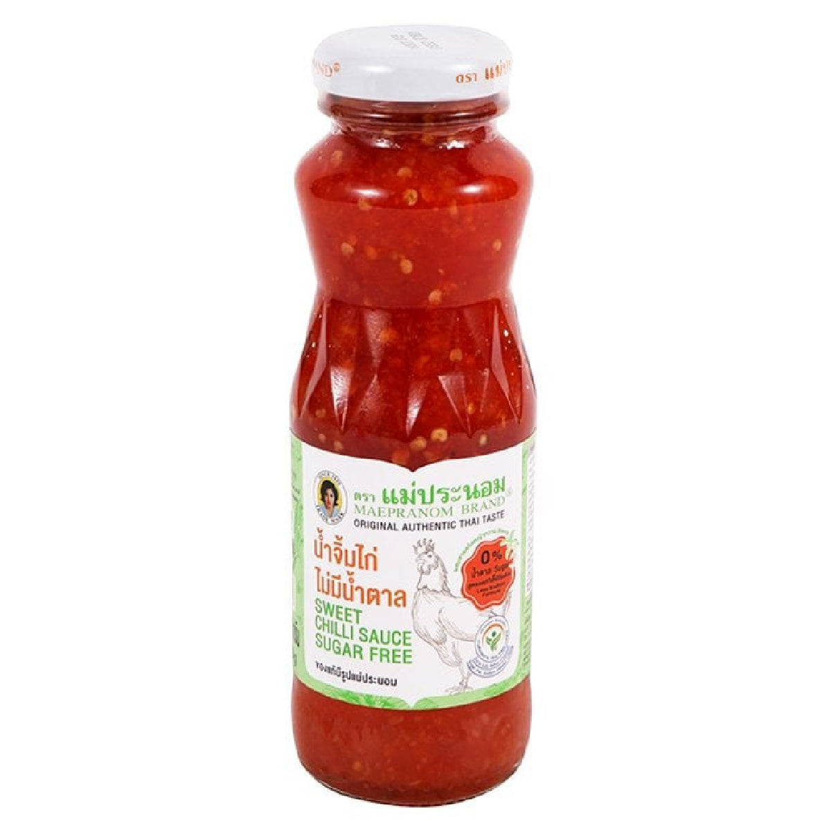 Mae Pranom Sweet Chilli Sauce bottle from grocery section, showing vibrant red sauce in a clear glass container.