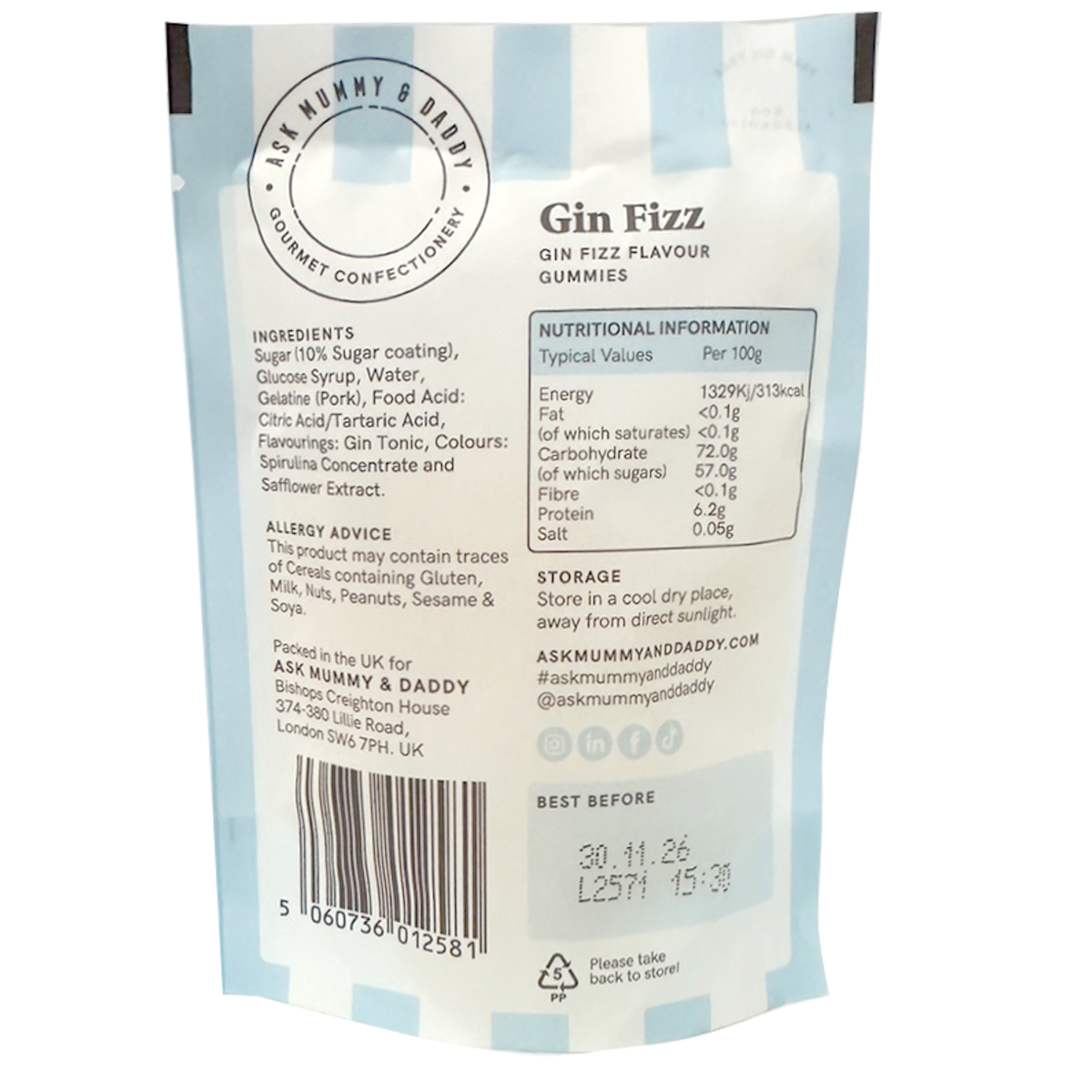 Ask Mummy & Daddy Gin Fizz Cocktail Gummies, colorful confectionery snacks in bright packaging, shaped like cocktail gummies.