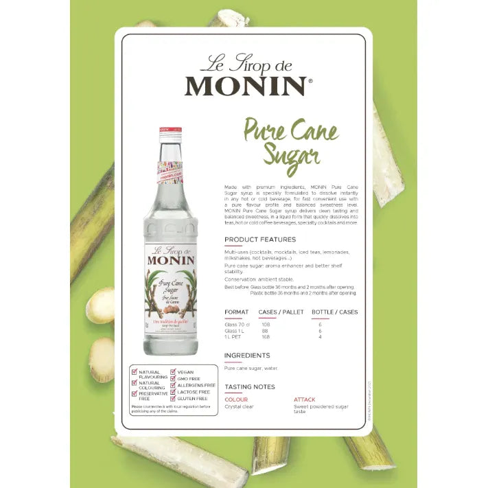 Bottle of MONIN Pure Sugar Cane Syrup 700ml, a natural sweetener for beverages and desserts in dry grocery.